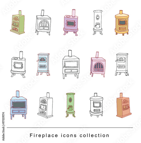  fireplace doodle set, vector illustration