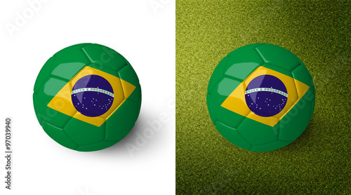 3d realistic soccer ball with the flag of Brazil on it isolated on white background and on green soccer field. See whole set for other countries.  