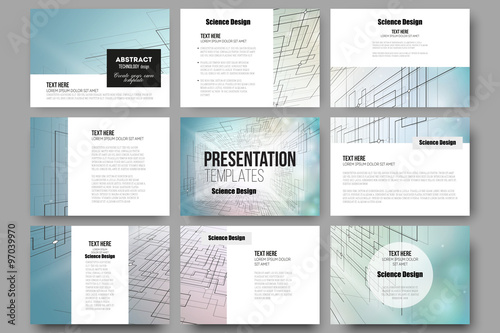 Set of 9 templates for presentation slides. Abstract vector background, digital technologies, cyber space
