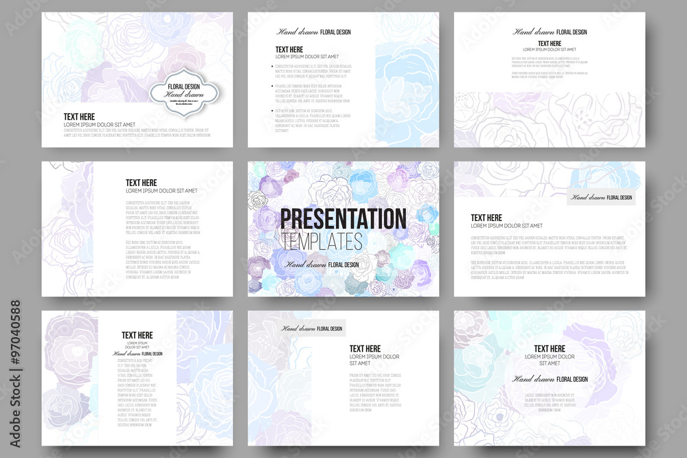 Set of 9 templates for presentation slides. Hand drawn floral doodle pattern, abstract vector background