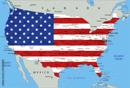 United States of America highly detailed political map with national flag.