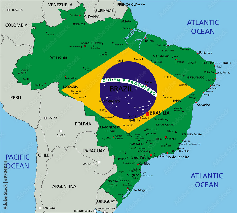 Brazil Highly Detailed Political Map With National Flag Stock Vector Adobe Stock