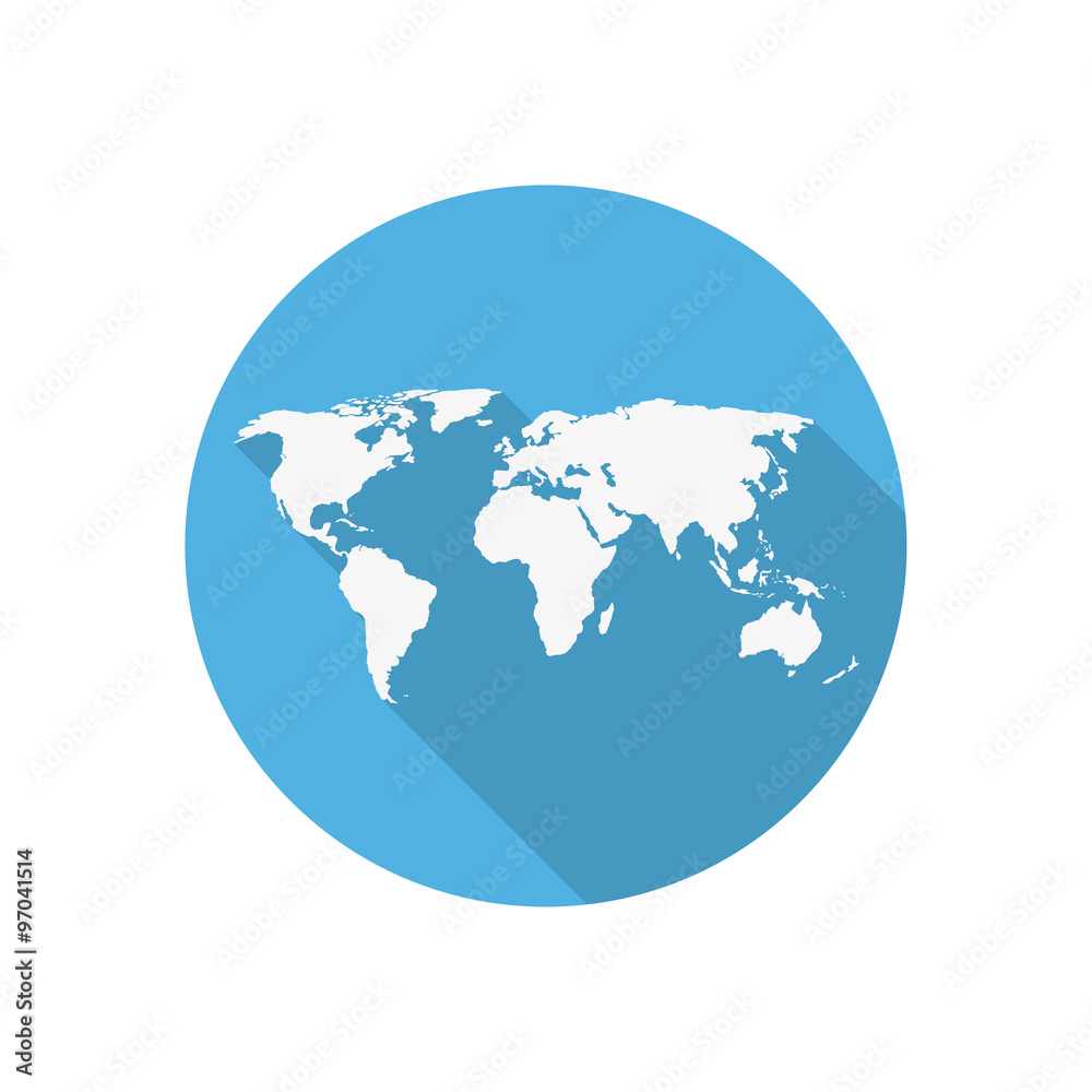 Icon world map on a blue circle in a flat design