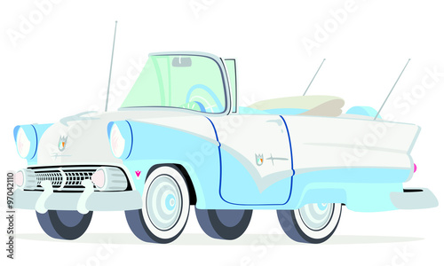Caricatura Ford Sunliner convertible abierto blanco y azul vista frontal y lateral