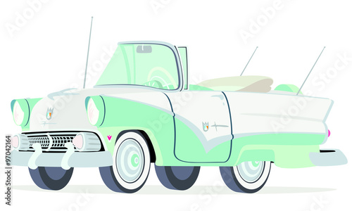 Caricatura Ford Sunliner convertible abierto blanco y verde vista frontal y lateral