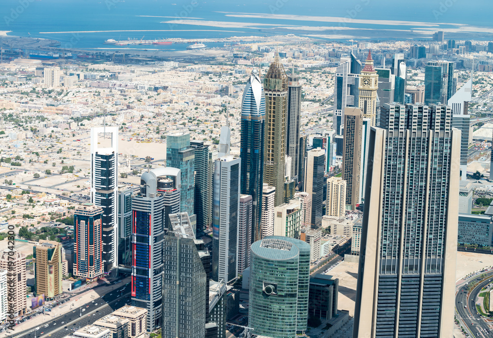 Fototapeta premium Aerial view of Dubai skyline, UAE