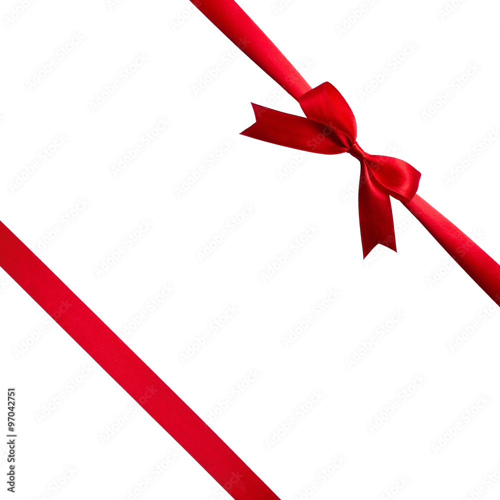 Red diagonal ribbon bow on white square background postcard isolated Red diagonal ribbon bow on white square background postcard isolated