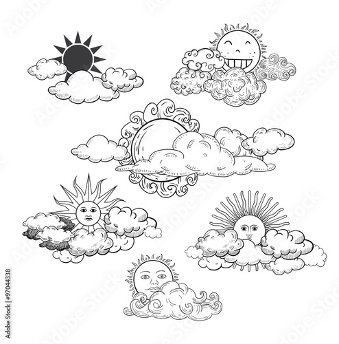Sun with clouds Doodle Hand Drawn Collection. 