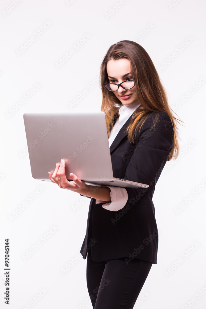 Businesswoman use of laptop computer. Isolated on white background. Businesswoman use of laptop computer. Isolated on white background.