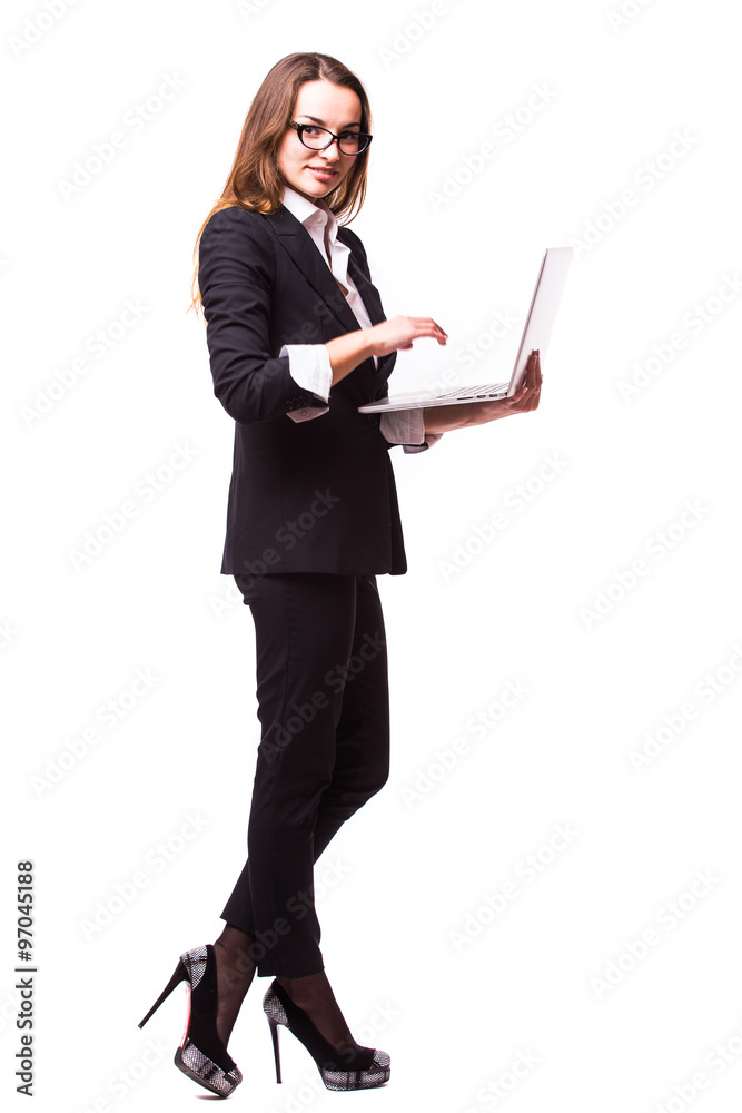 Businesswoman use of laptop computer. Isolated on white background. Businesswoman use of laptop computer. Isolated on white background.