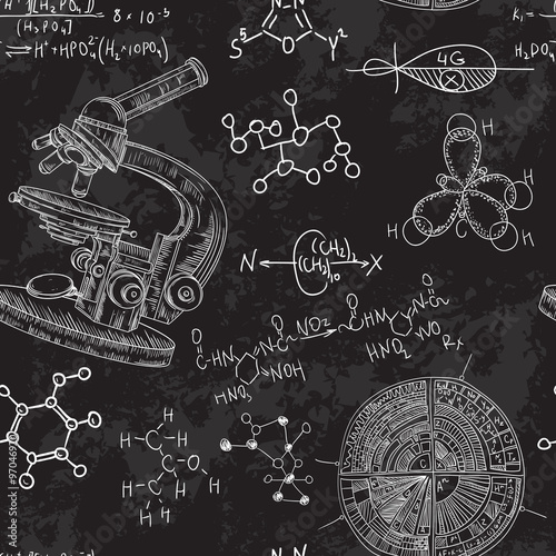 Vintage seamless pattern old chemistry laboratory with microscope and formulas. Vector retro hand drawn illustration in sketch style