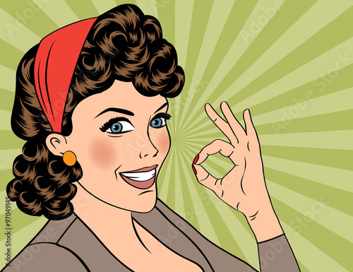 pop art cute retro woman in comics style with OK sign