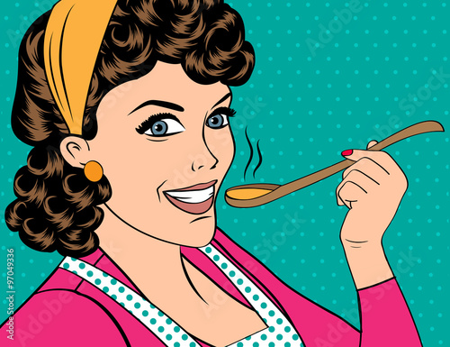 pop art retro woman with apron tasting her food