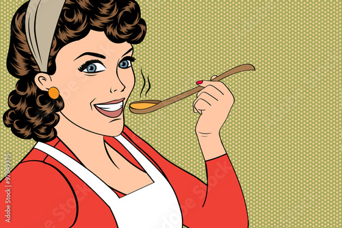pop art retro woman with apron tasting her food