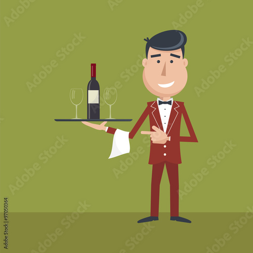Waiter with wine bottle and wine glass and tray on outstretched arm. Invitation to drink wine. Alcohol Service. Simple flat vector.EPS 10.