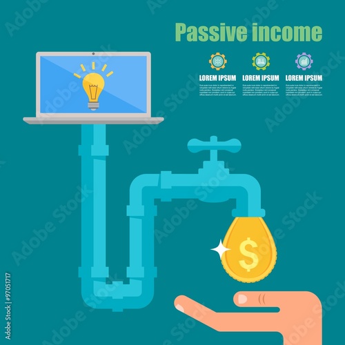 Passive income concept. Cartoon vector illustration. Tap with golden dollar droplet