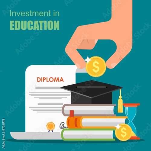 Invest in education concept. Vector illustration flat design. Stack of books, diploma and university student cap