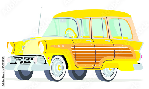 Caricatura Ford Fairline Country Squire 1955 amarilla vista frontal y lateral