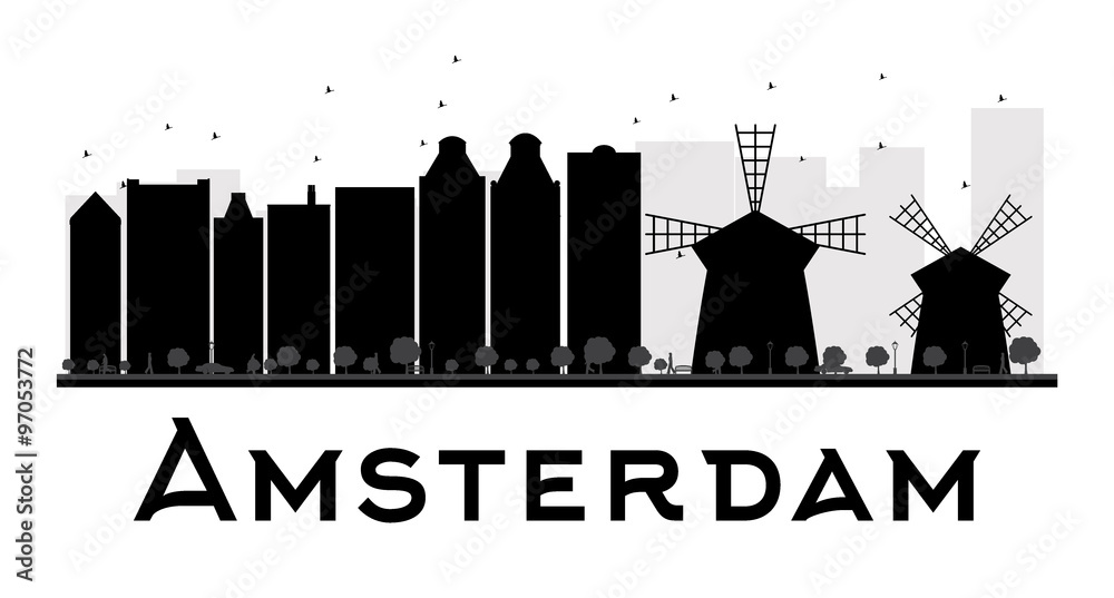 Amsterdam City skyline black and white silhouette. Some elements have transparency mode different from normal