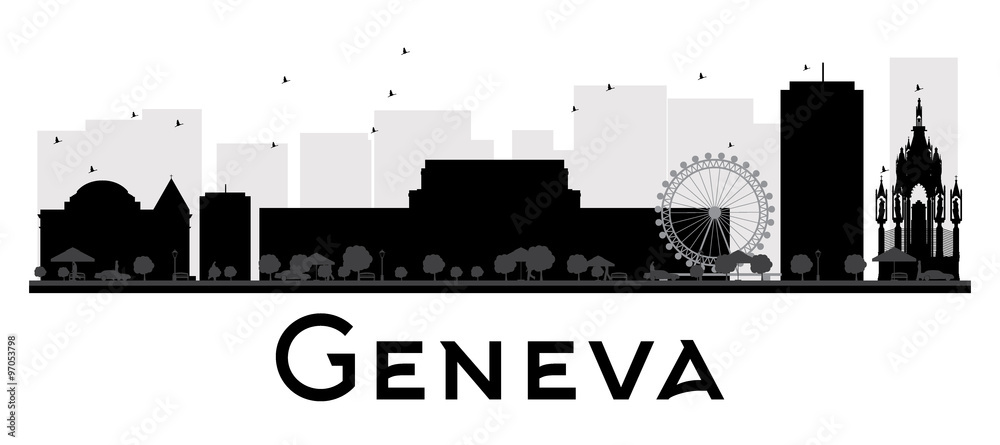 Geneva City skyline black and white silhouette. Some elements have transparency mode different from normal