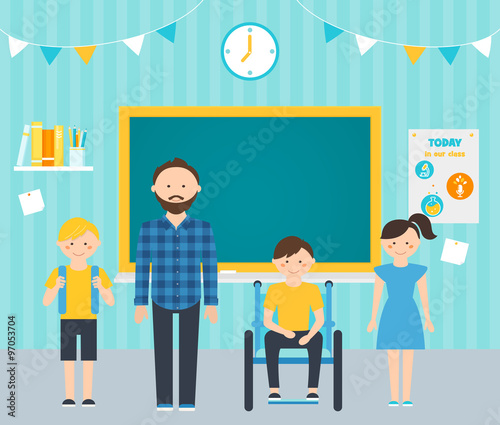 Male Teacher with Young Students in Classroom. Including Students with Special Needs Concept