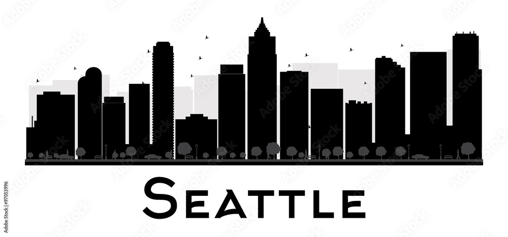 Seattle City skyline black and white silhouette. Some elements have transparency mode different from normal