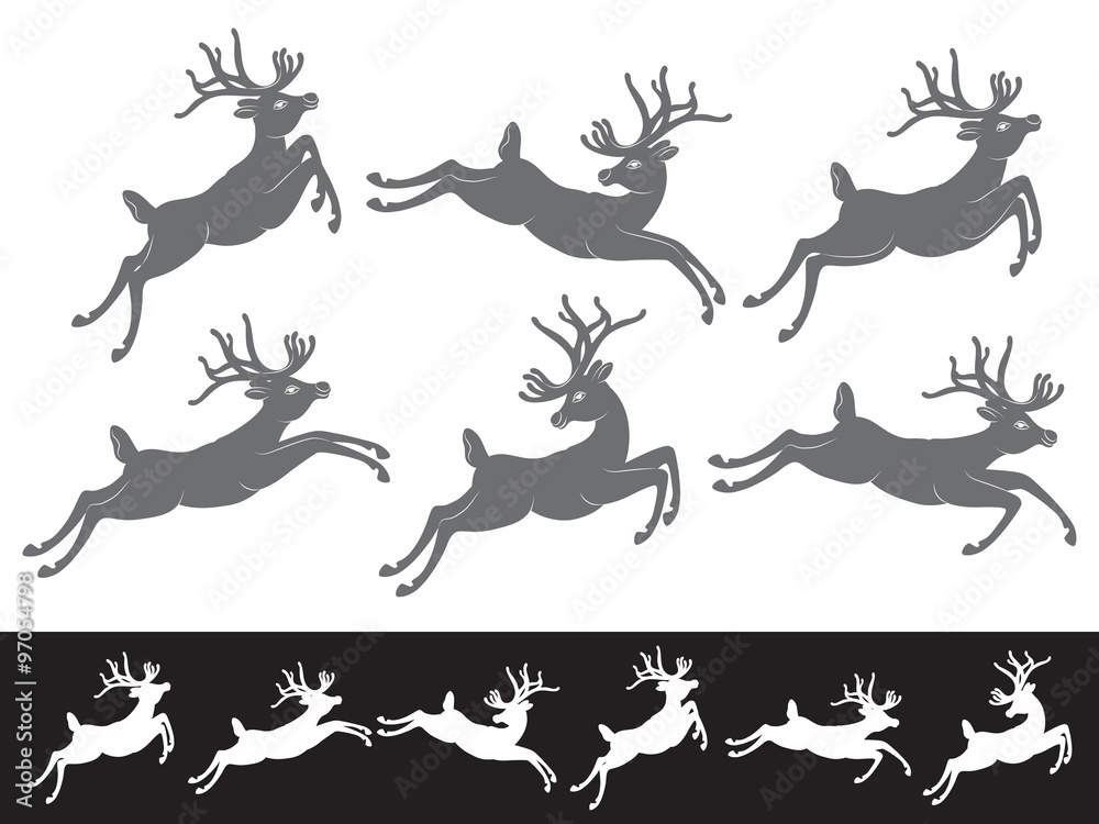 Black vector silhouettes on white background, set of different running and jumping Christmas Reindeer
Black vector silhouettes on white background, set of different running and jumping Christmas Reindeer