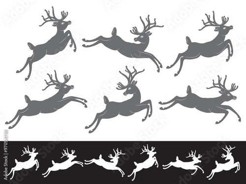 Black vector silhouettes on white background, set of different running and jumping Christmas Reindeer