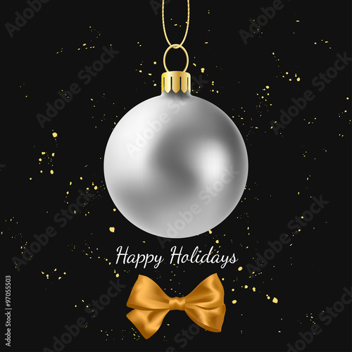 Greeting card with silver Christmas ball and golden bow