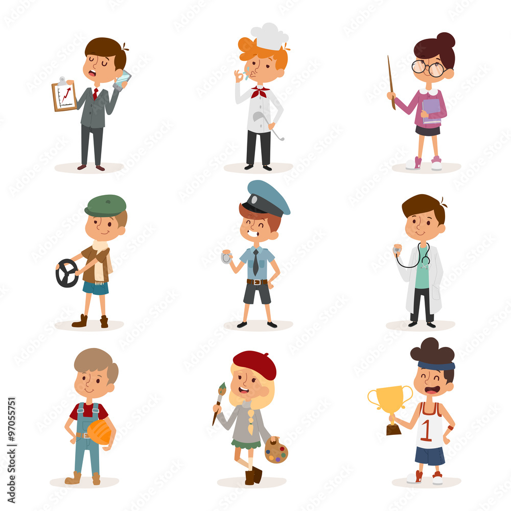 Set of cute cartoon professions kids. Painter, sportsman, cook chef, builder, policeman, doctor, artist, driver, businessman