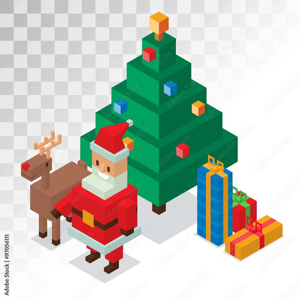 Santa Claus, gift box, deer, tree sometric 3d icons vector illustration