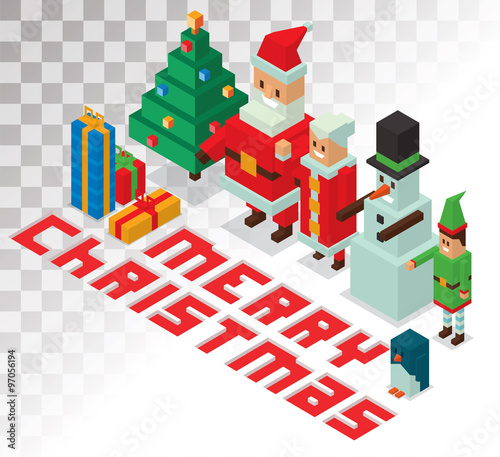 Santa, Missis Claus, helpers family isometric 3d  icons vector illustration