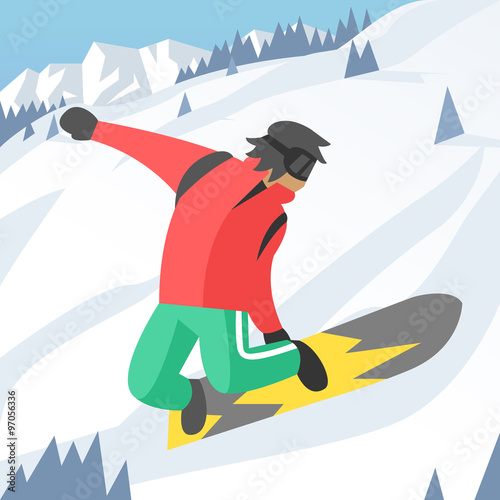 Snowboarder jumping pose on winter outdoor background