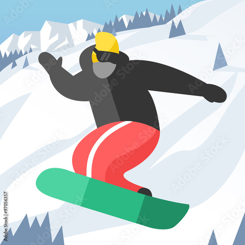 Snowboarder jumping pose on winter outdoor background