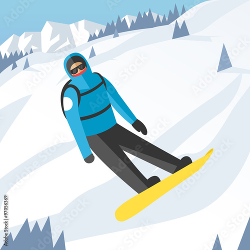 Snowboarder jumping pose on winter outdoor background