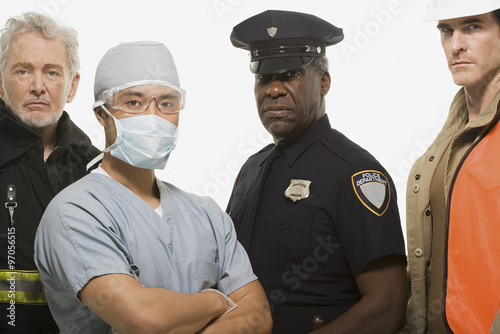 Fotobehang Firefighter surgeon police officer and construction worker