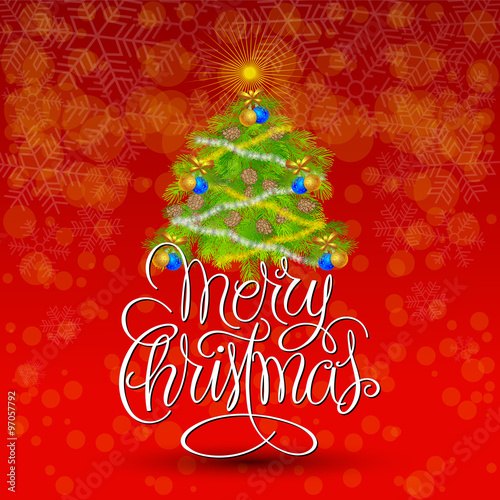 Merry Christmas and Happy New Year Card. Vector Illustration. Hand Lettered Text with Christmas Ornaments on a Red Background.