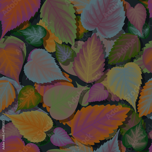 Seamless background of colorful leaves with shadow