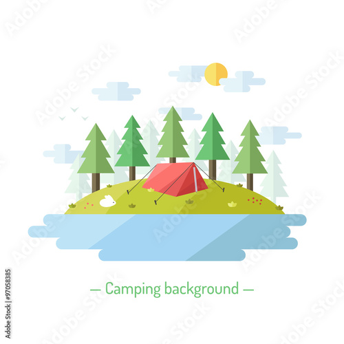 Camping vector flat style background with coniferous trees. Nature background with trees, lake, sun, clouds, expedition tents and bunnies © viktoriayams