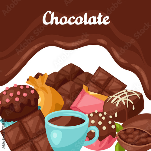 Chocolate background with various tasty sweets and candies