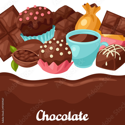 Chocolate background with various tasty sweets and candies