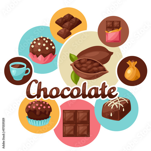 Chocolate background with various tasty sweets and candies