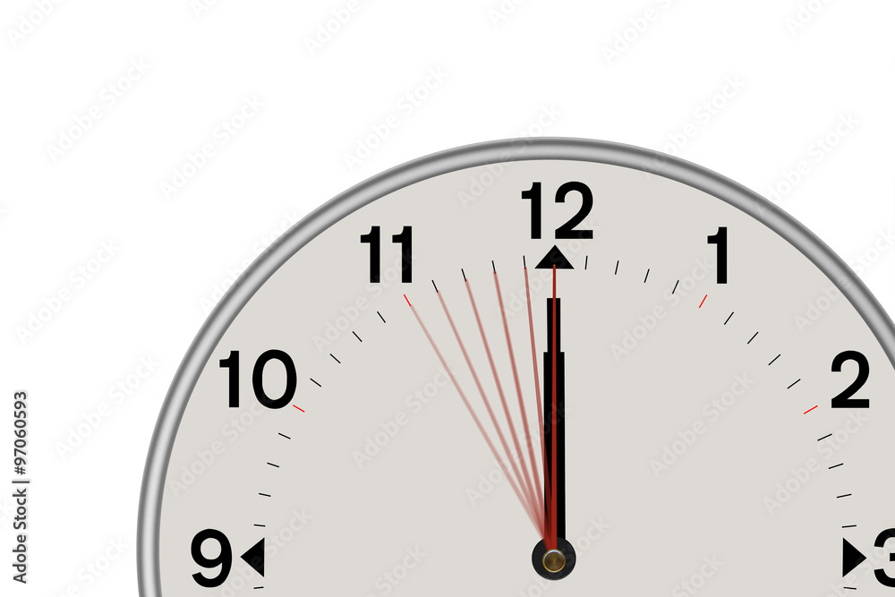 Clock showing midnight and a 5 second countdown. Isolated on a white background Clock showing midnight and a 5 second countdown. Isolated on a white background