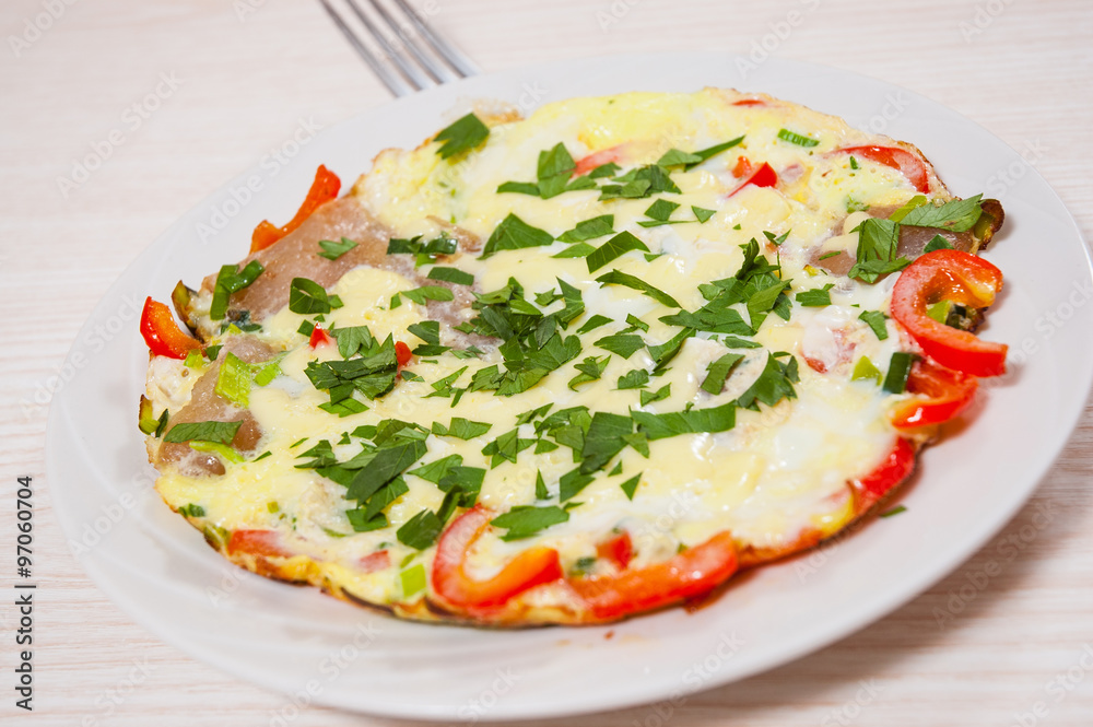 omelet with bacon, vegetables and cheese omelet with bacon, vegetables and cheese