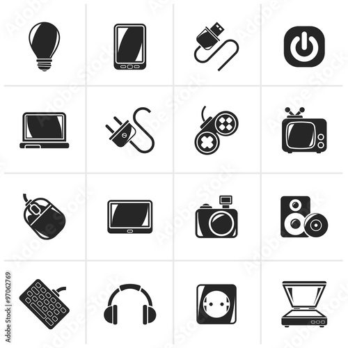 Black Electronic Devices objects icons - vector icon set