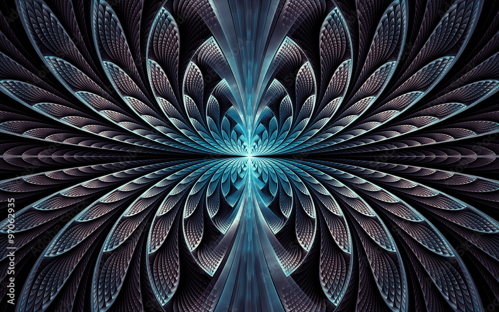 symmetrical abstract fractal with glossy metallic feathers on black background - obrazy, fototapety, plakaty 