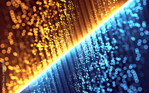 abstract fractal with yellow and blue bubbles divided by diagonal white stripe