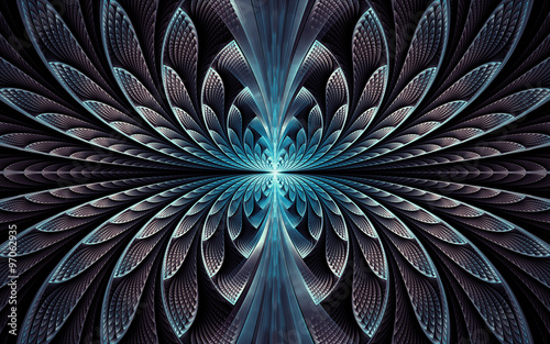 symmetrical abstract fractal with glossy metallic feathers on black background
