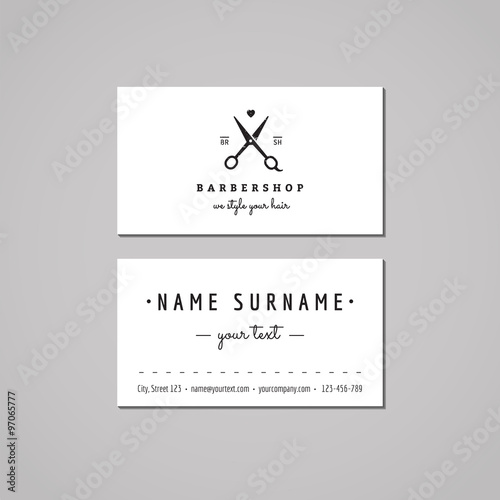 Barbershop business card design concept. Barbershop logo with scissors and heart. Vintage, hipster and retro style. Black and white. Hair salon business card.