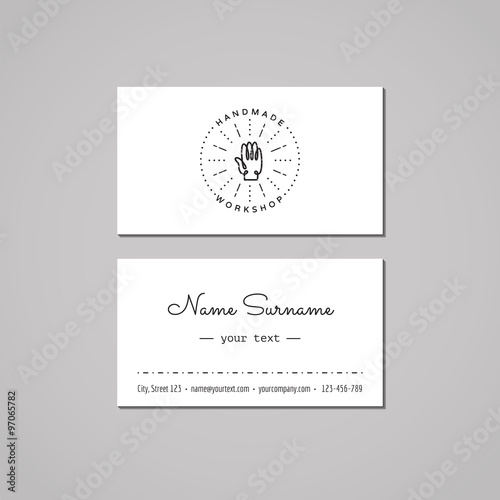 Handmade workshop business card design concept. Handmade workshop logo with hand and rays. Vintage, hipster and retro style. Black and white.